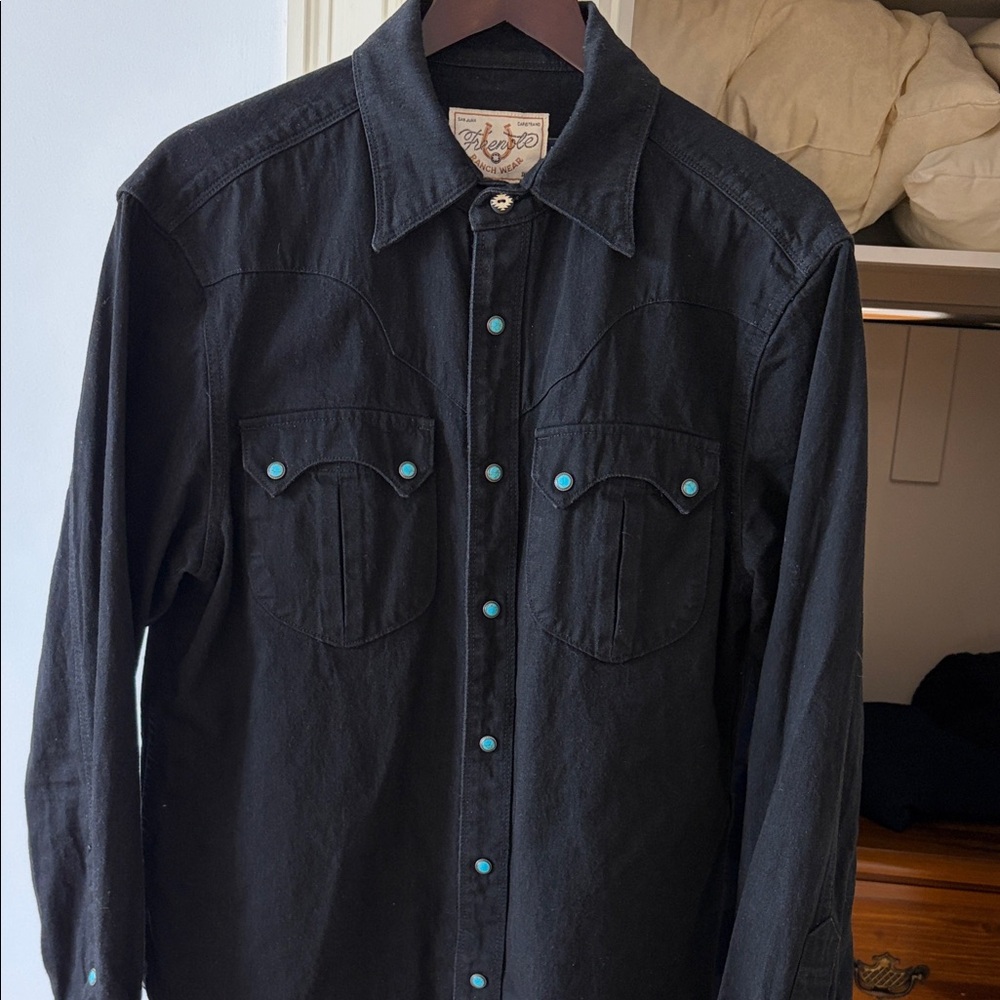 Men's Black Casual Button-Down Shirt with Turquoise Snap Buttons